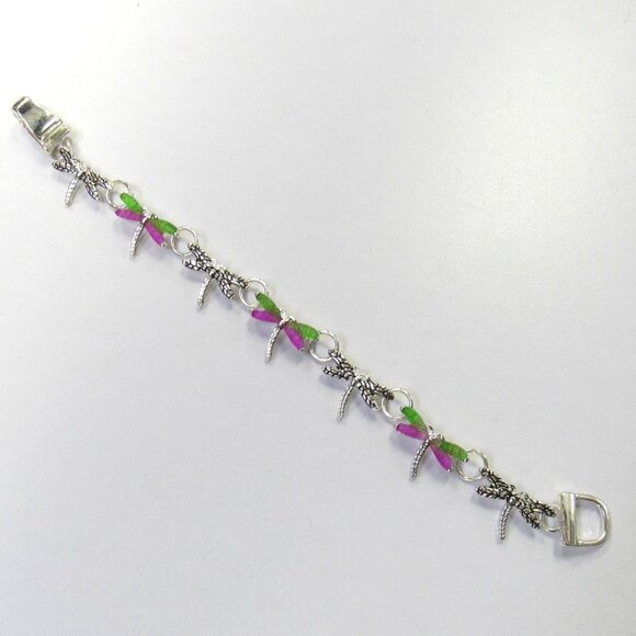 Silver Plated Pink & Green Dragonfly Charm Bracelet Magnetic Clasp New - Picture 3 of 4